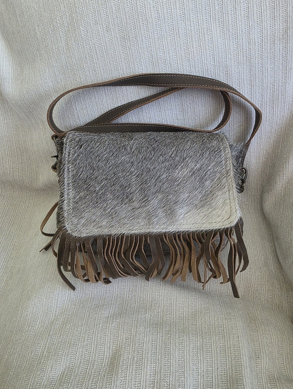 Myra Bag Gray Haircalf Flap Crossbody with Brown Suede Fringe